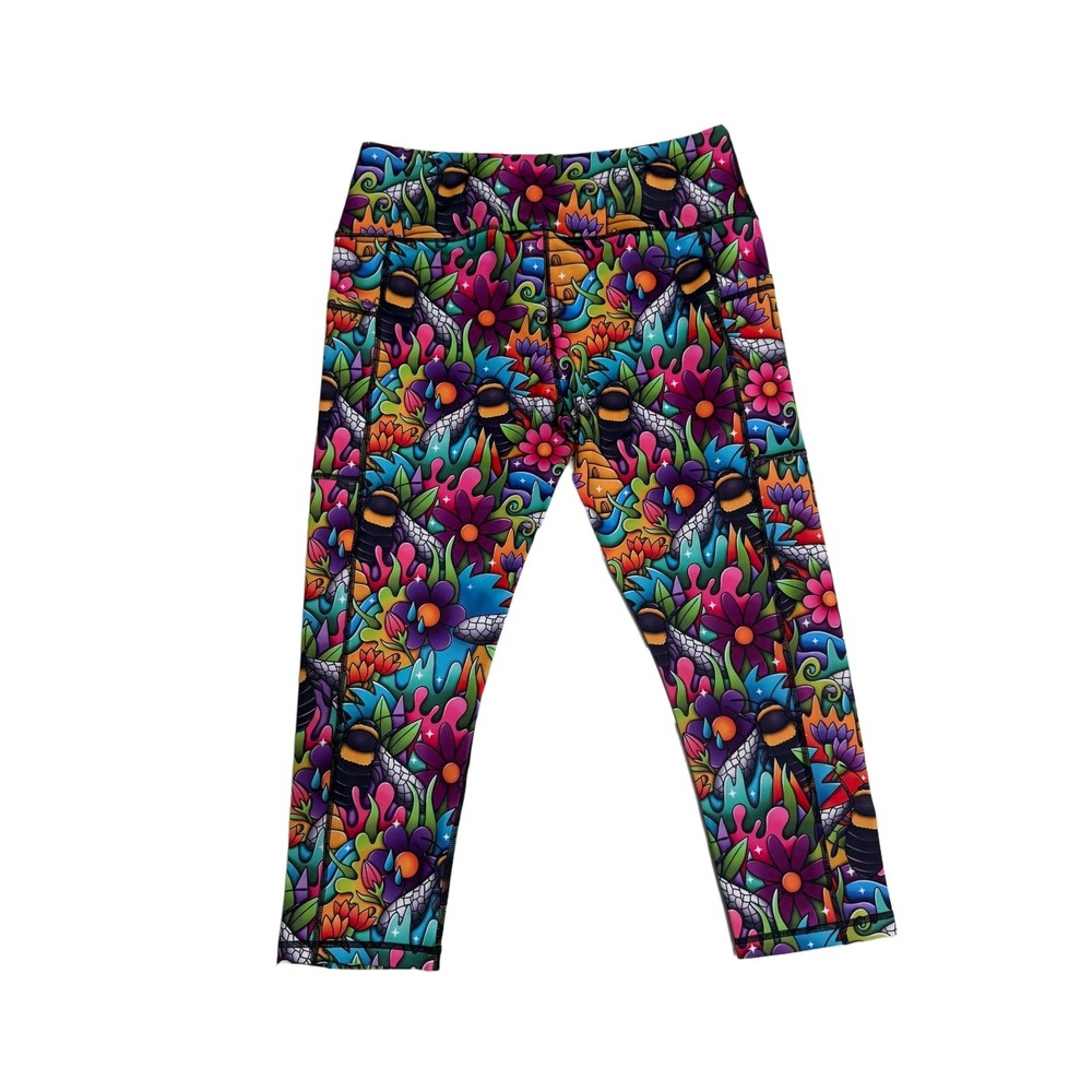 Constantly Varied Gear Capri Leggings Large Bee Floral Print Pockets Workout CVG